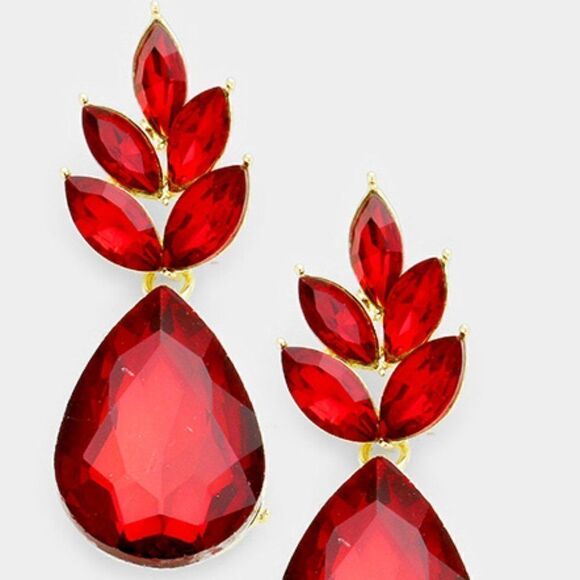 Marquise Red Crystal Cluster Teardrop Earrings - Picture 2 of 5